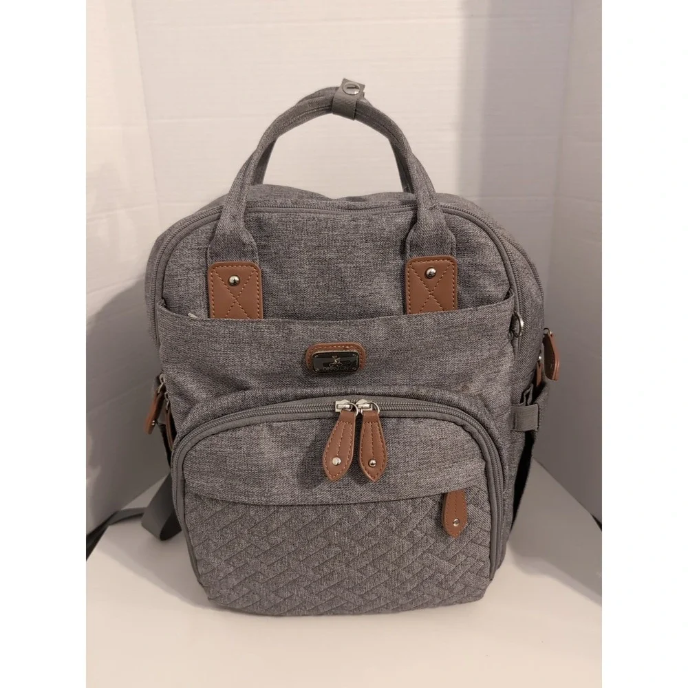 DIKALSLON Gray w/Brown Trim Backpack/Baby Bag Large Pockets Galore‎